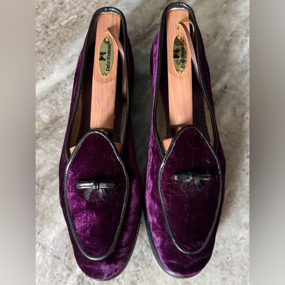 Belgian Shoes Midinette Slippers Purple Velvet Leather Trim Loafer 9  Flats Bow - Picture 1 of 9